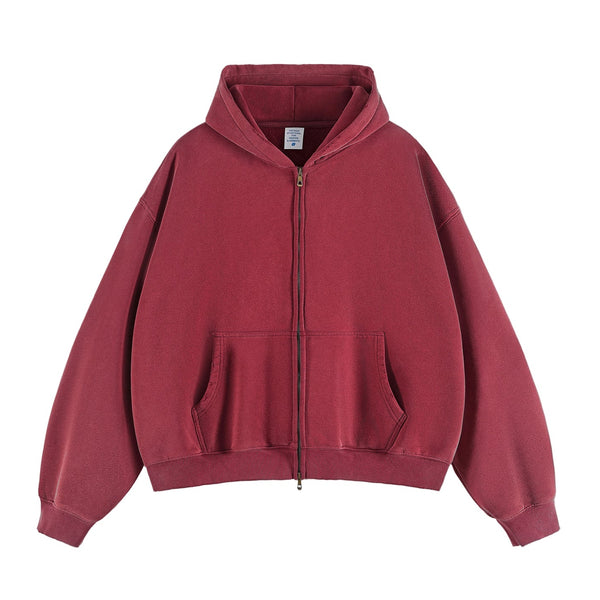 Washed Boxy Zip Up Hoodie (Angola Red)
