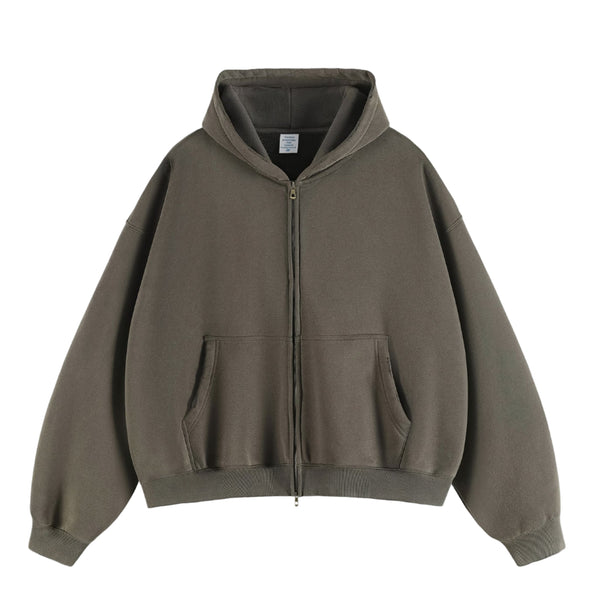 Washed Boxy Zip Up Hoodie (Grey)