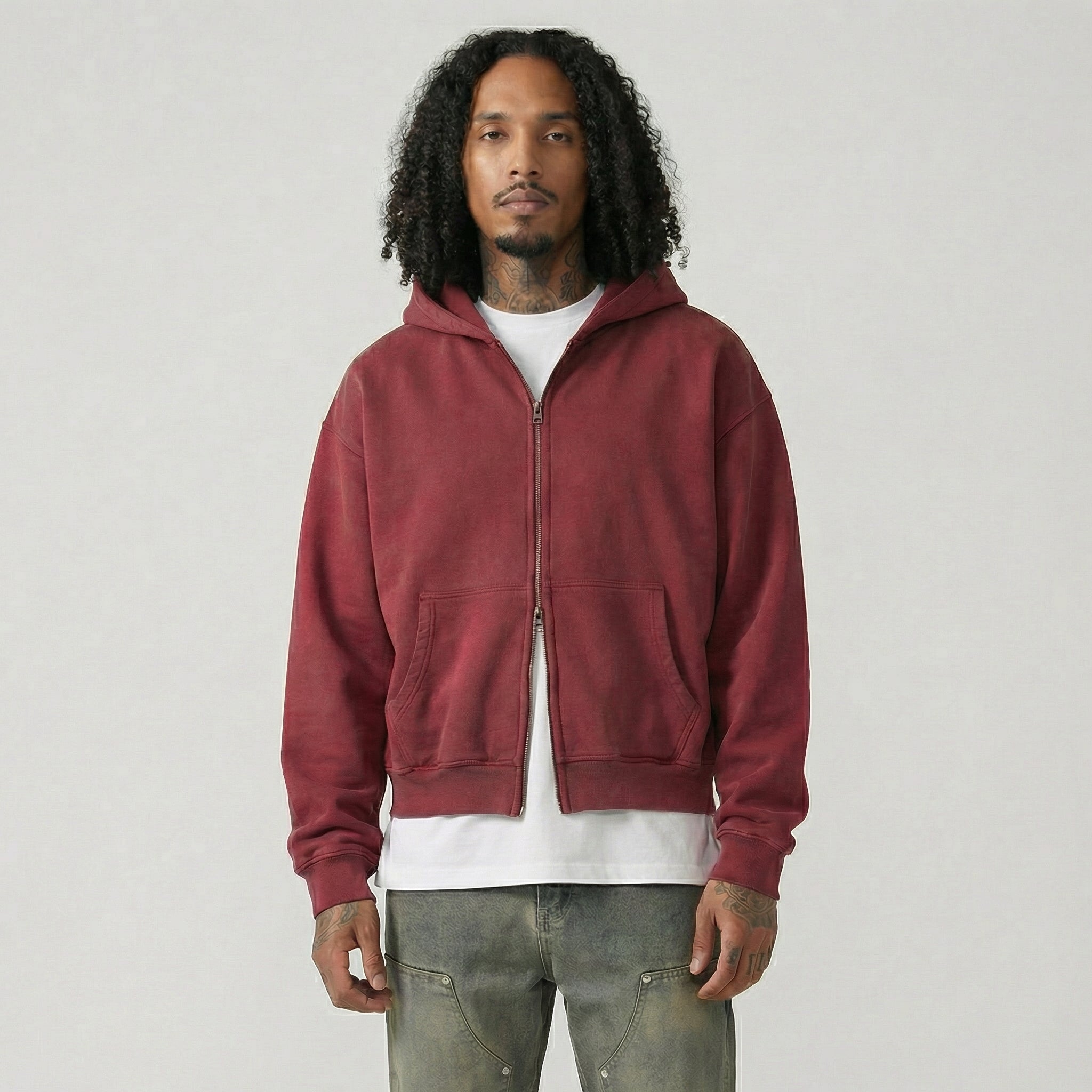 The Essential Boxy Double Zip Hoodie (Deep Red)