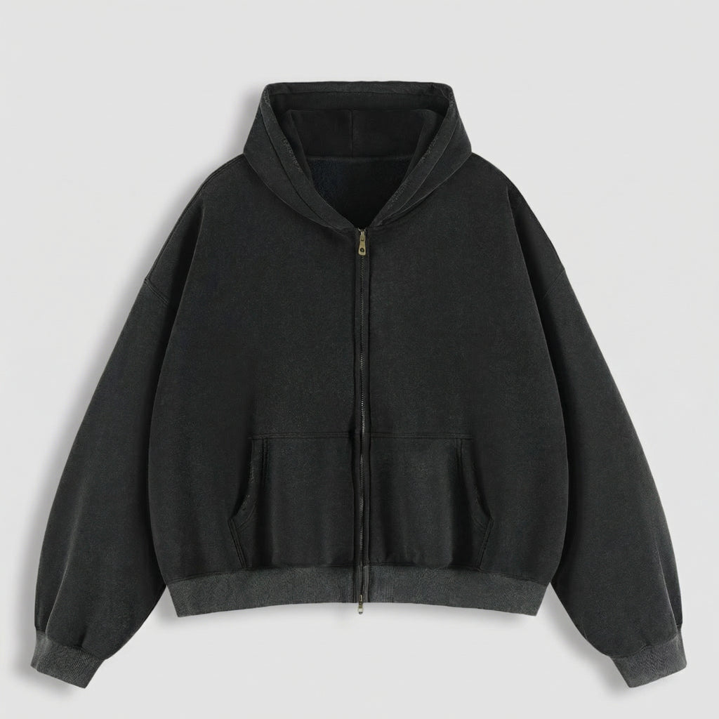 The Essential Boxy Double Zip Hoodie (Black)