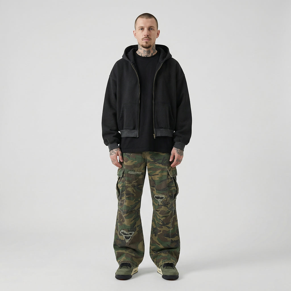 The Essential Boxy Double Zip Hoodie (Black)