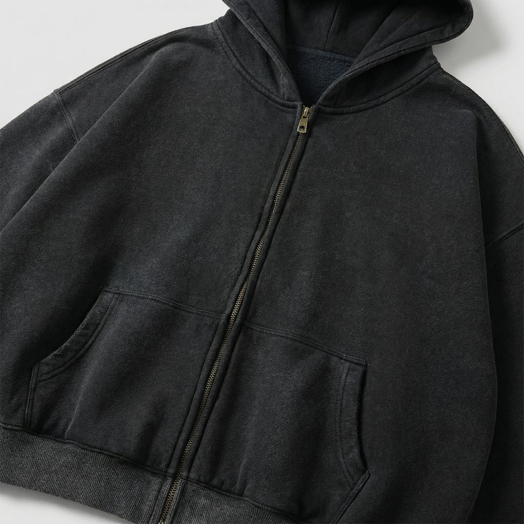 The Essential Boxy Double Zip Hoodie (Black)