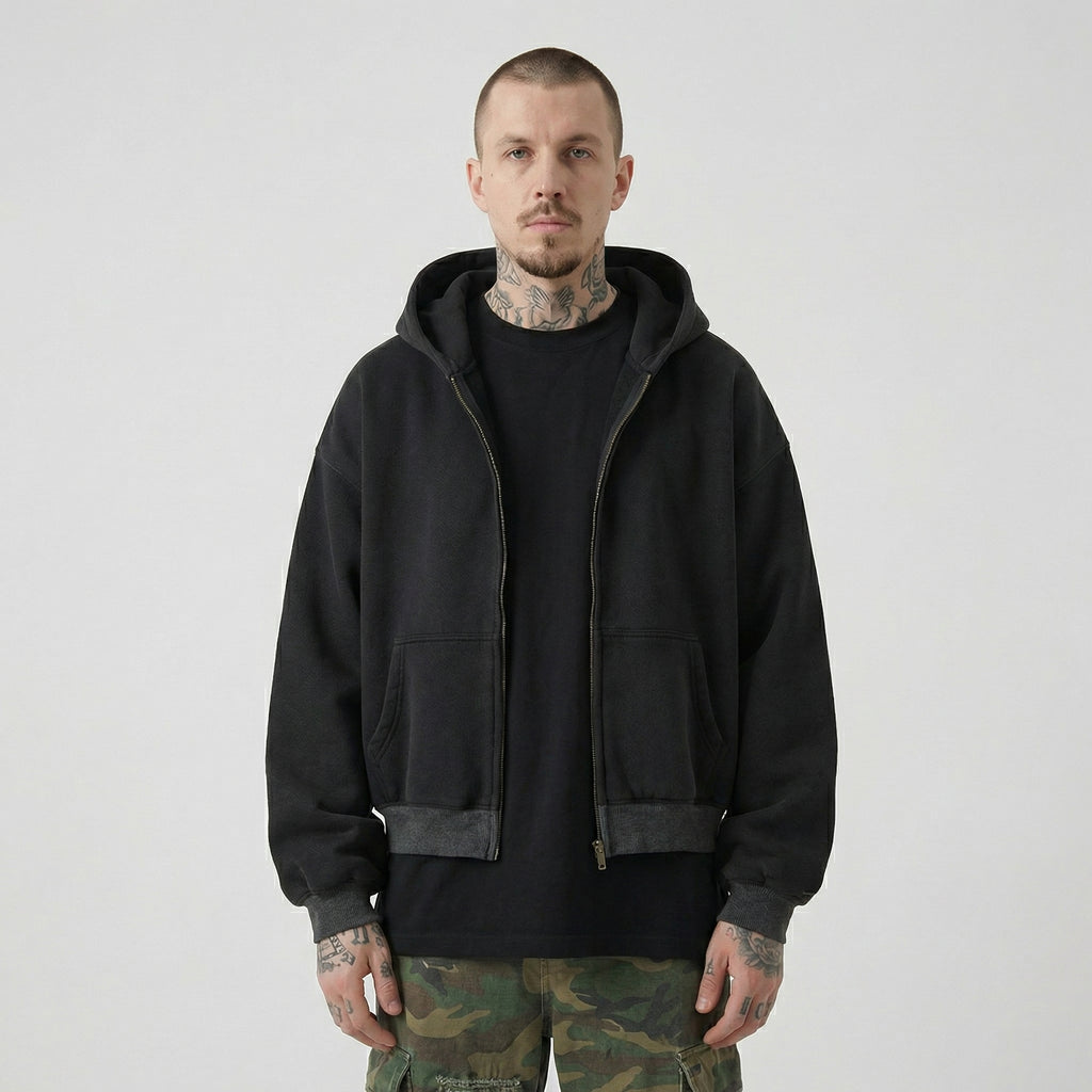 The Essential Boxy Double Zip Hoodie (Black)
