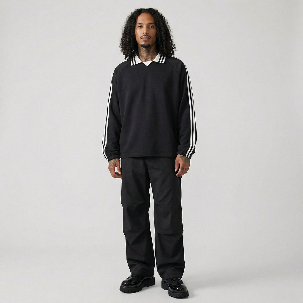 Striped Collar Retro Rugby Sweatshirt(Black)