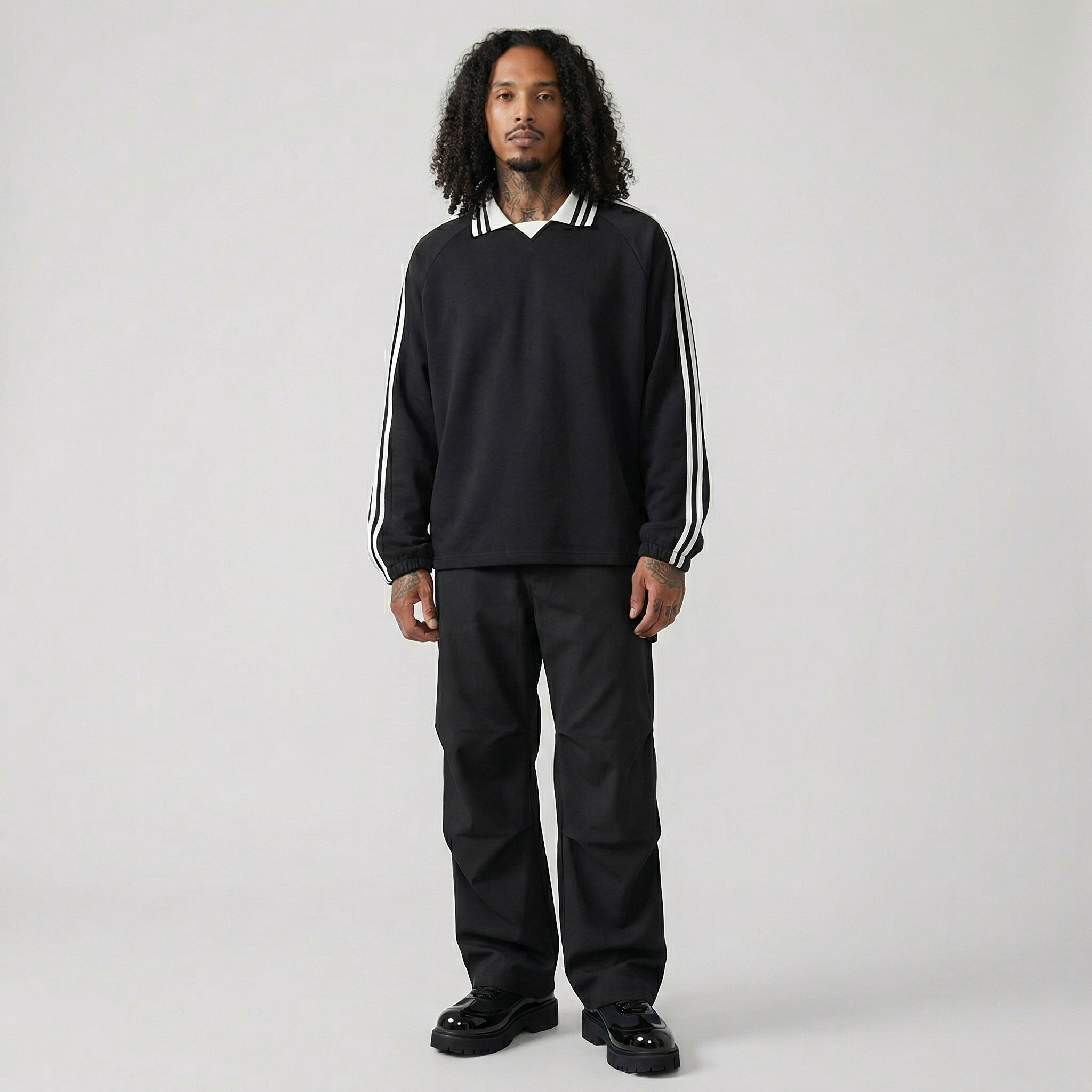 Striped Collar Retro Rugby Sweatshirt(Black)