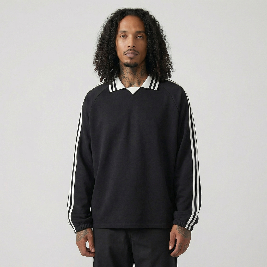 Striped Collar Retro Rugby Sweatshirt(Black)