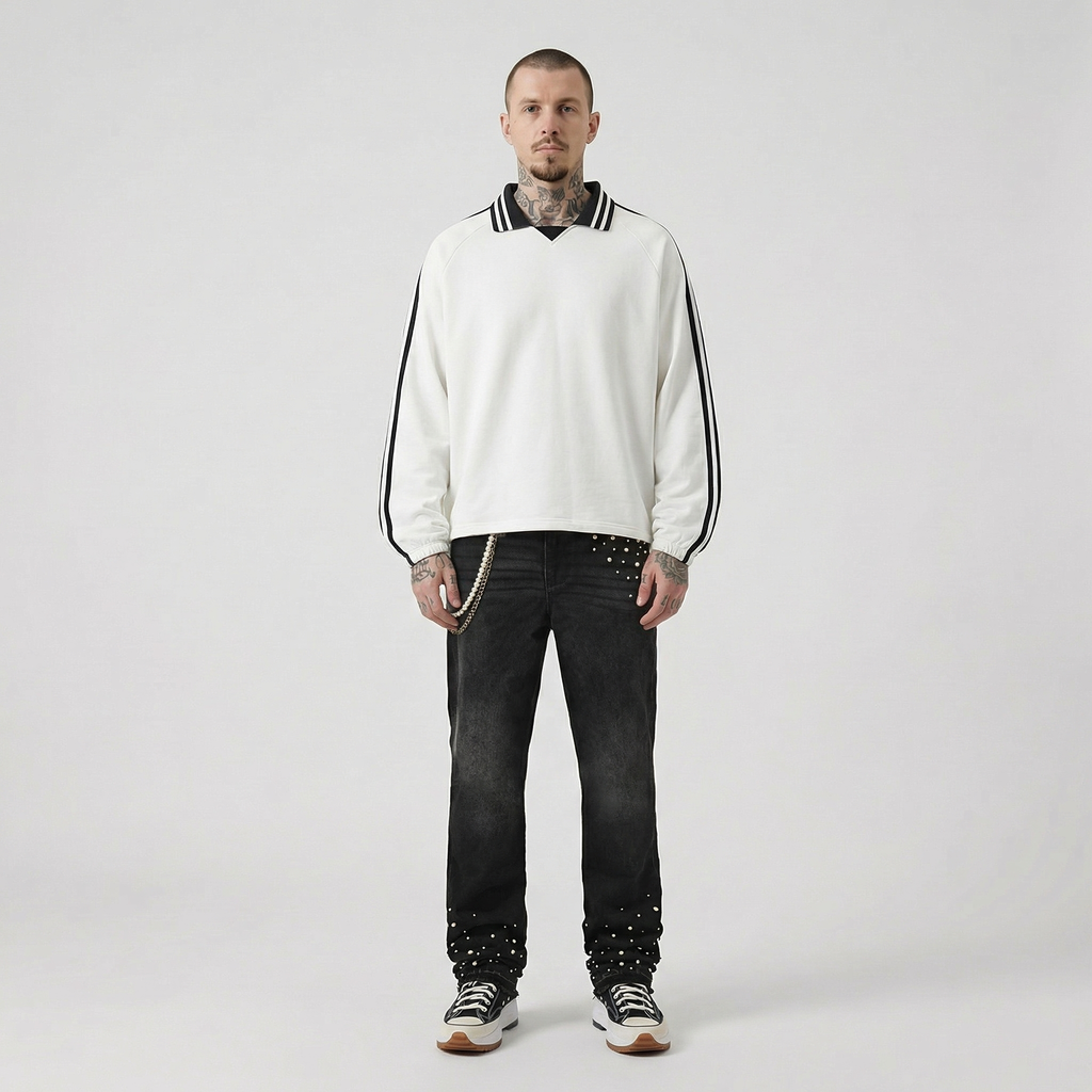 Striped Collar Retro Rugby Sweatshirt (White)