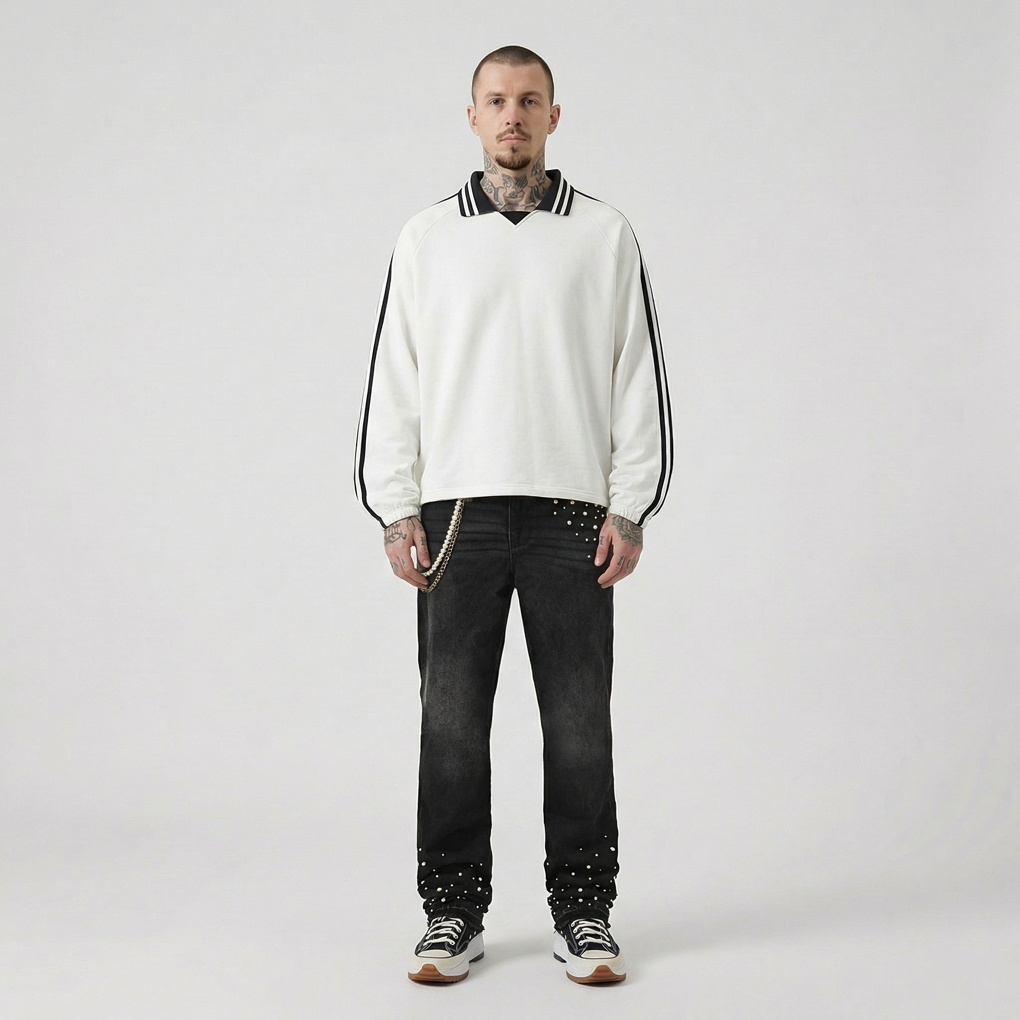 Striped Collar Retro Rugby Sweatshirt (White)