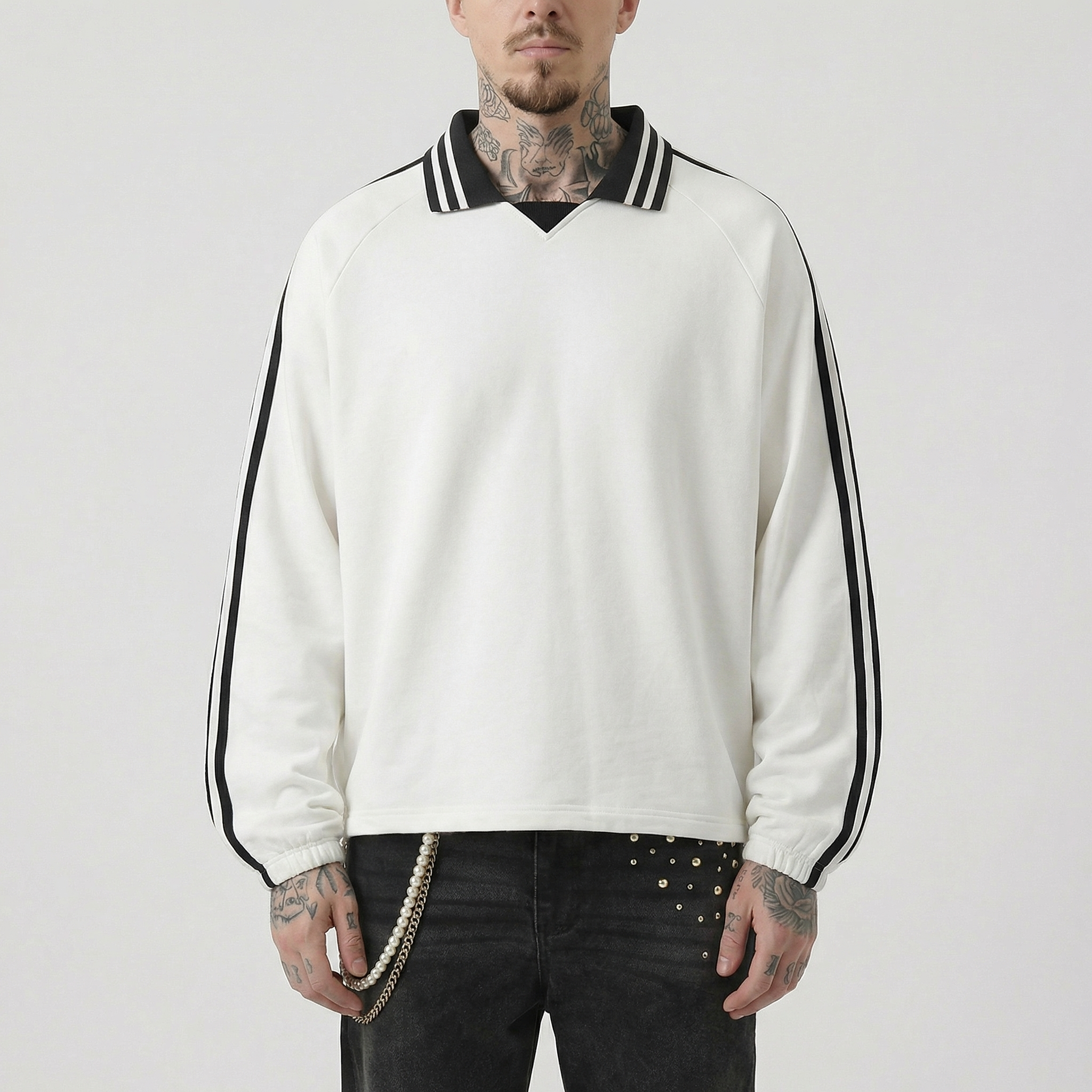 Striped Collar Retro Rugby Sweatshirt (White)