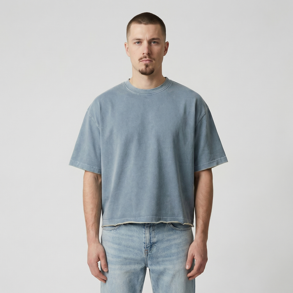 Raw Hem Boxy Tee (Washed Denim)