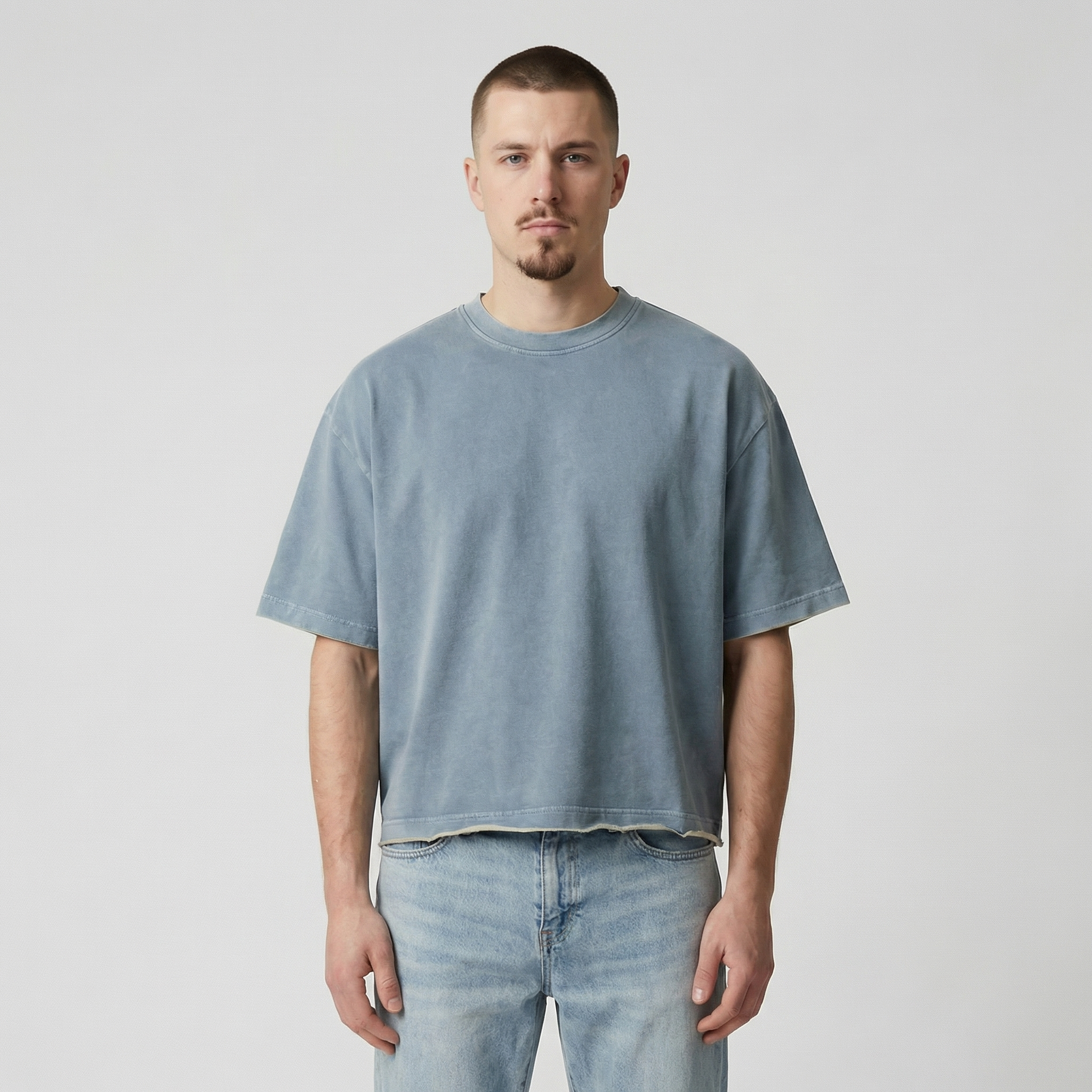 Raw Hem Boxy Tee (Washed Denim)