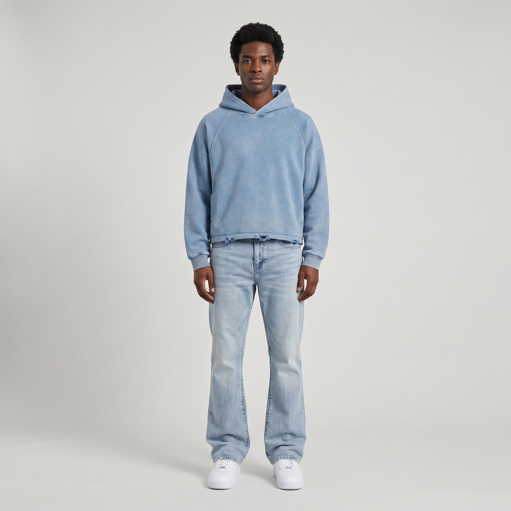 Boxy Raw Hem Hoodie (Blue)