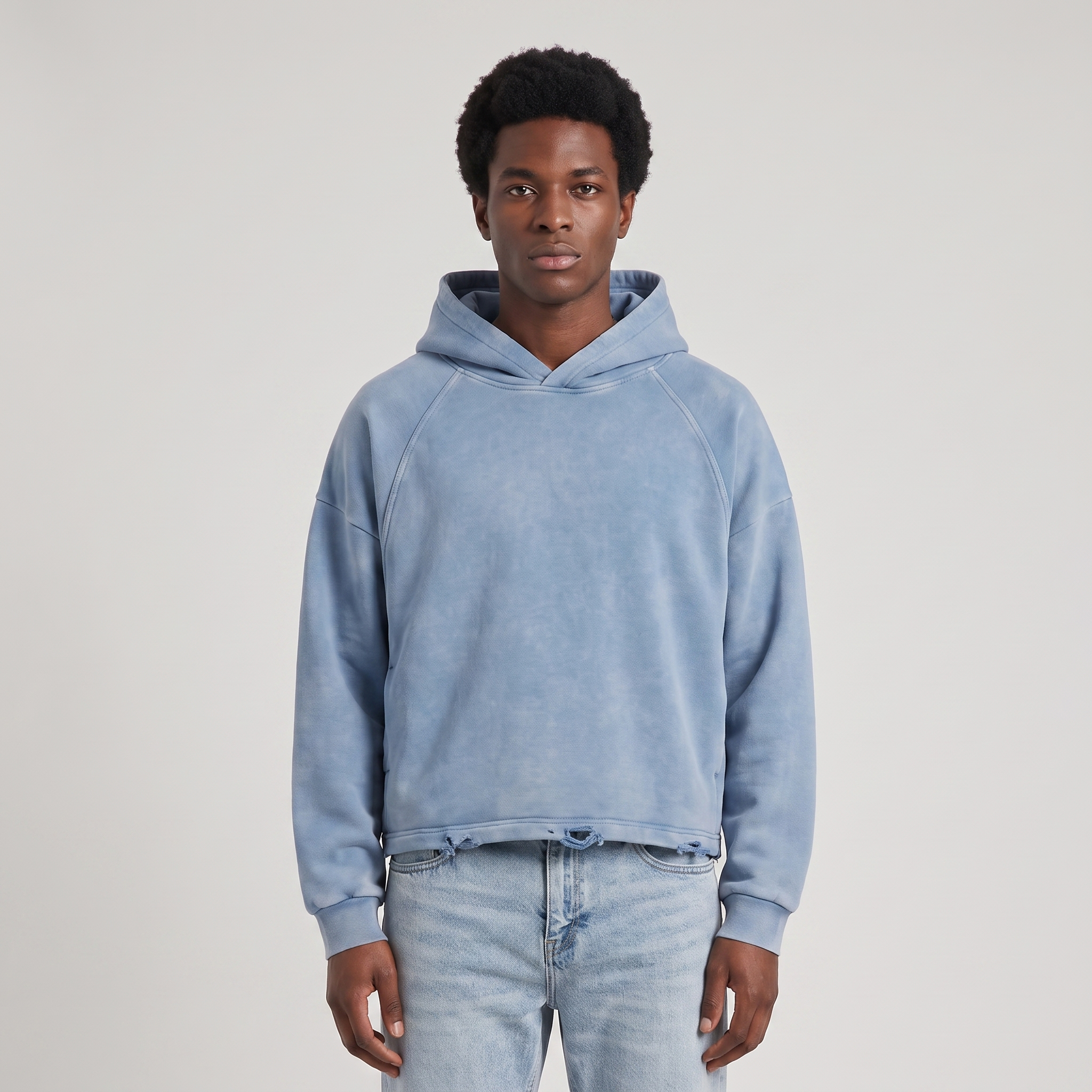 Boxy Raw Hem Hoodie (Blue)