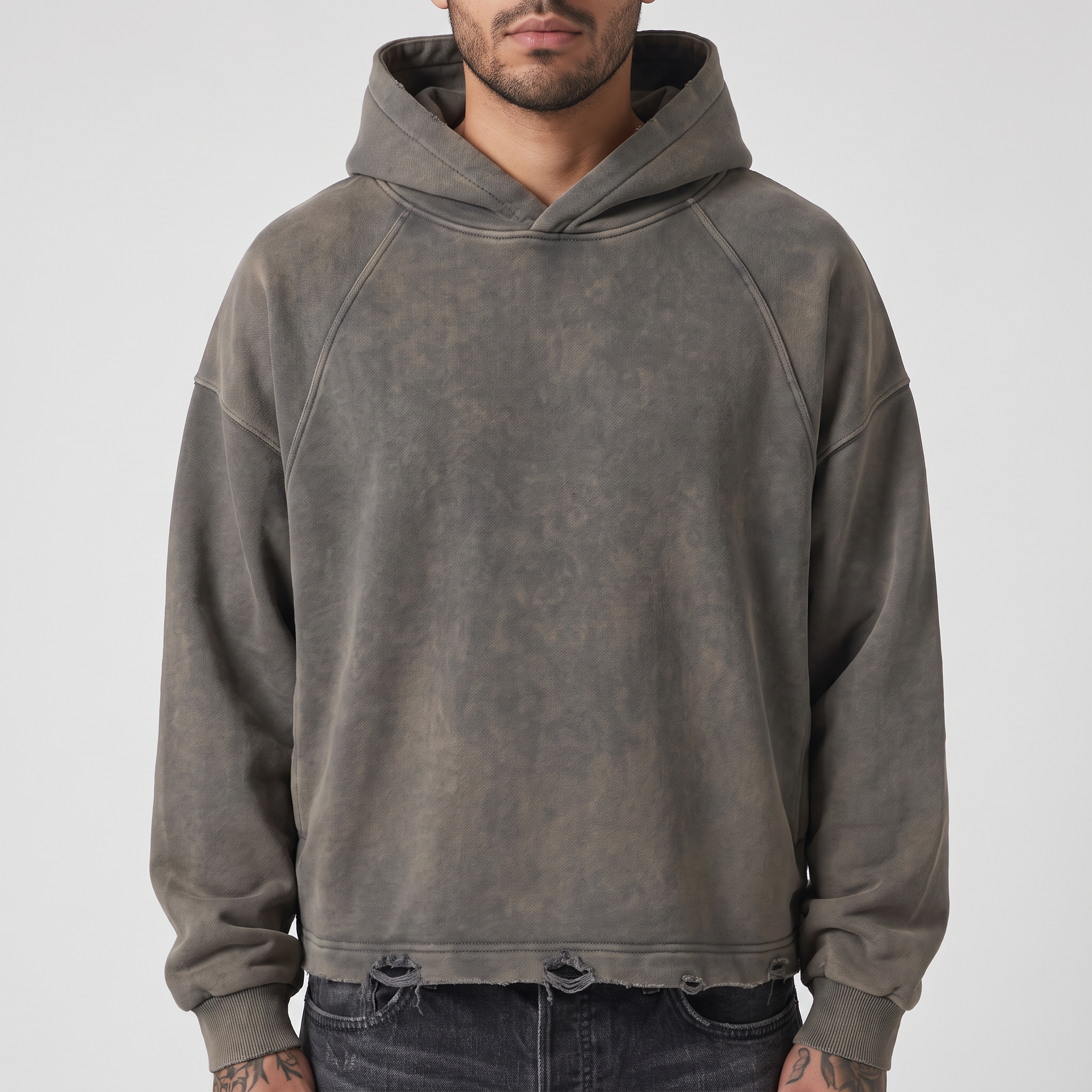 Boxy Raw Hem Hoodie (Grey)